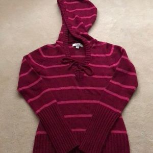 Hooded burgundy and pink striped sweater